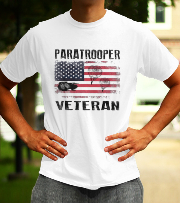 Paratrooper Veteran US Flag Tribute With Airborne T-Shirt