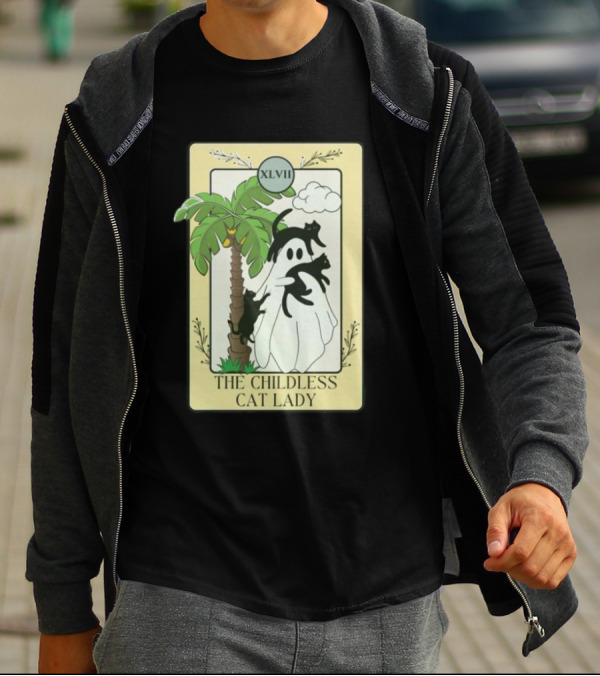 XLVII The Childless Cat Lady Ghost Black Cat Coconut Tree T-Shirt