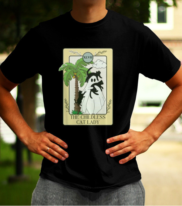 XLVII The Childless Cat Lady Ghost Black Cat Coconut Tree T-Shirt