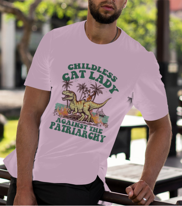 Childless Cat Lady Riding Dinosaur Against The Patriarchy With Flaming Coconut Trees T-Shirt