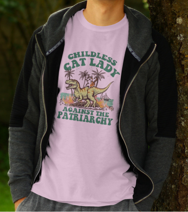 Childless Cat Lady Riding Dinosaur Against The Patriarchy With Flaming Coconut Trees T-Shirt