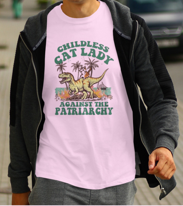 Childless Cat Lady Riding Dinosaur Against The Patriarchy With Flaming Coconut Trees T-Shirt
