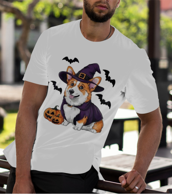 Halloween Corgi In Witch Hat With Pumpkins And Bats T-Shirt