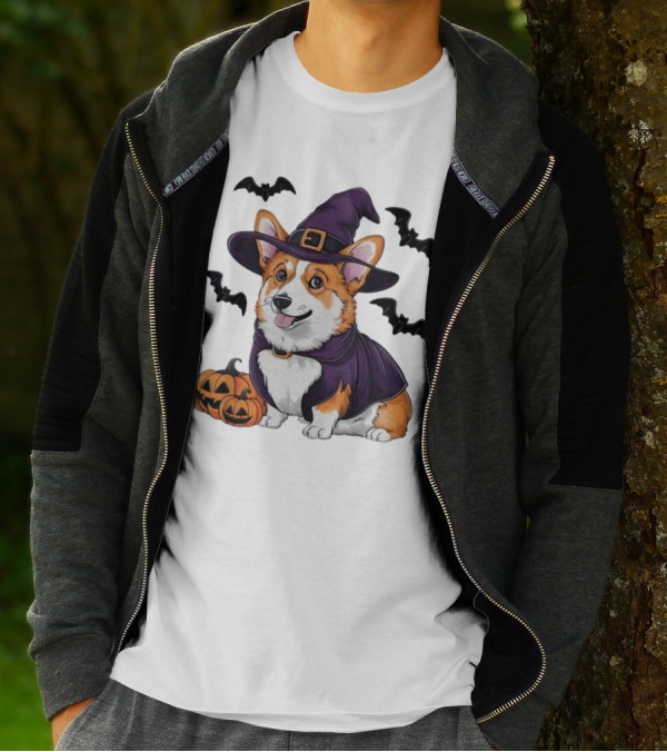 Halloween Corgi In Witch Hat With Pumpkins And Bats T-Shirt
