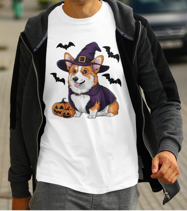 Halloween Corgi In Witch Hat With Pumpkins And Bats T-Shirt