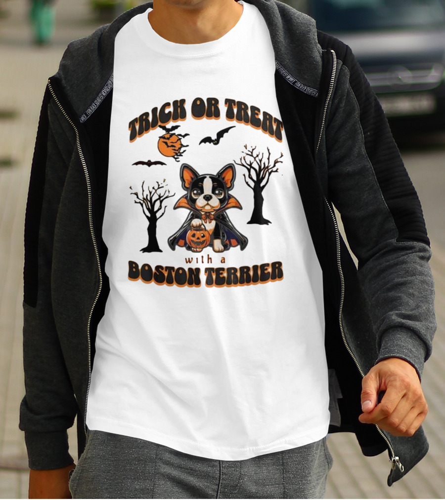 Trick Or Treat With A Boston Terrier Halloween Pumpkins And Bats T-Shirt