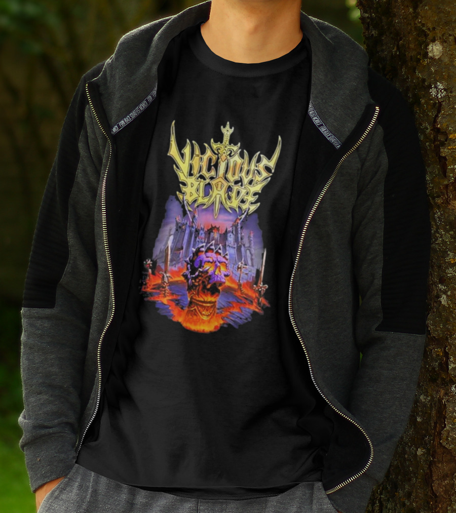 Vicious Blade Skull Fortress With Flaming Swords T-Shirt