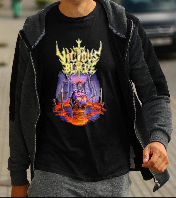 Vicious Blade Skull Fortress With Flaming Swords T-Shirt