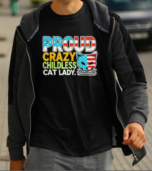 Proud Crazy Childless Cat Lady American Flag Cat Head T-Shirt