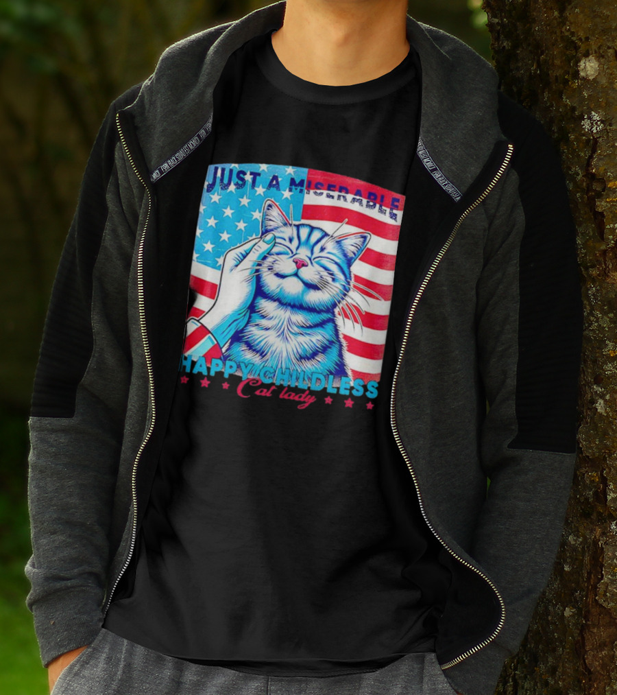 Just A Miserable Happy Childless Cat Lady Patriotic Flag Background T-Shirt