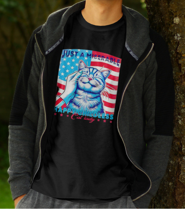 Just A Miserable Happy Childless Cat Lady Patriotic Flag Background T-Shirt