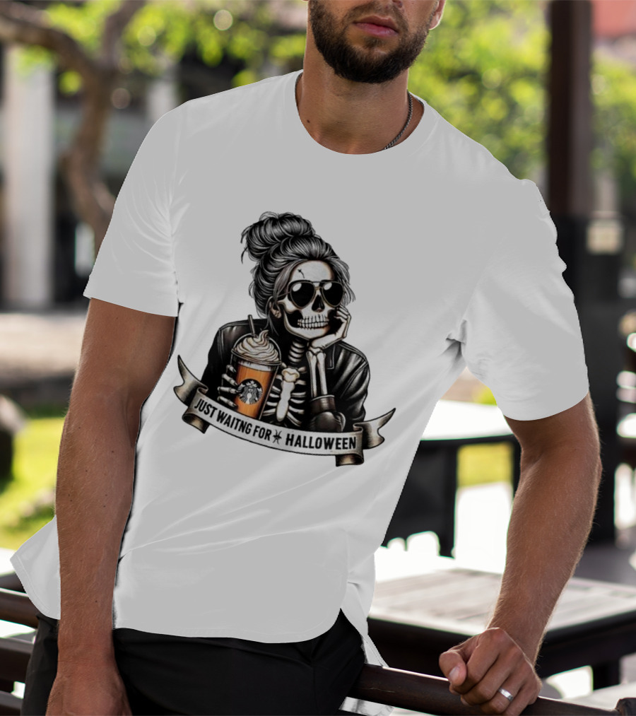 Just Waiting For Halloween Skeleton With Coffee Cup Spooky Season T-Shirt