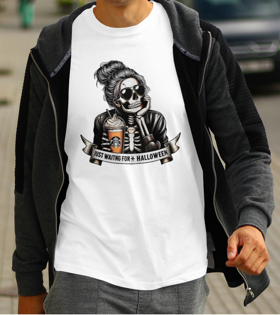 Just Waiting For Halloween Skeleton With Coffee Cup Spooky Season T-Shirt