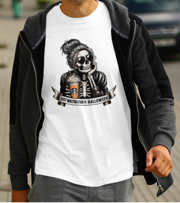Just Waiting For Halloween Skeleton With Coffee Cup Spooky Season T-Shirt