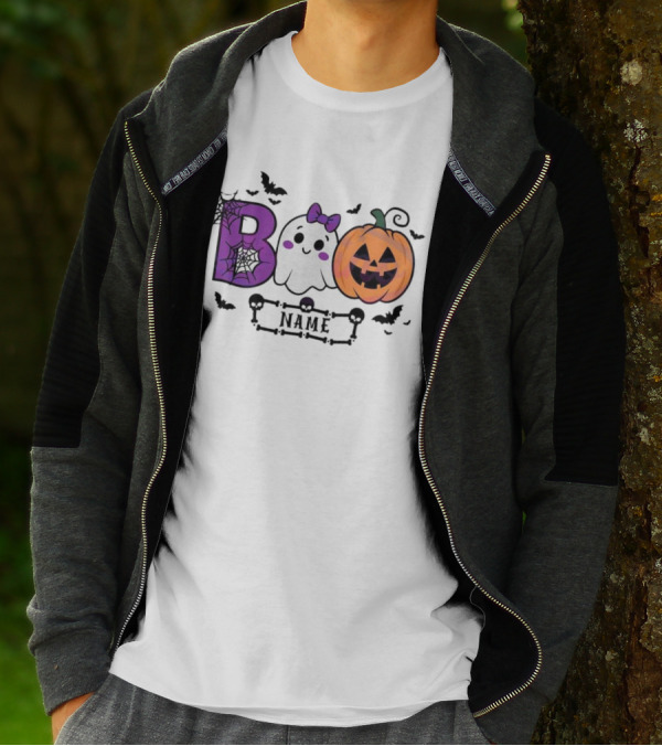 Boo Name Ghost Pumpkin Halloween Spiders Bats T-Shirt