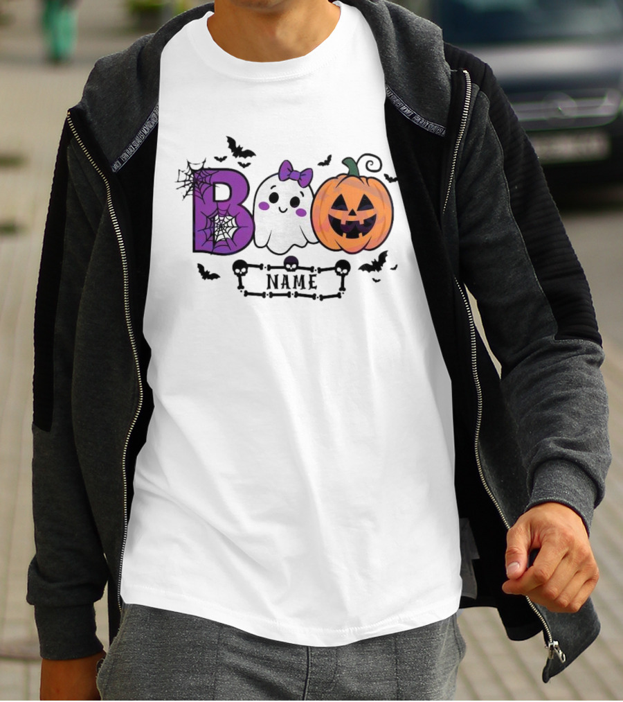 Boo Name Ghost Pumpkin Halloween Spiders Bats T-Shirt
