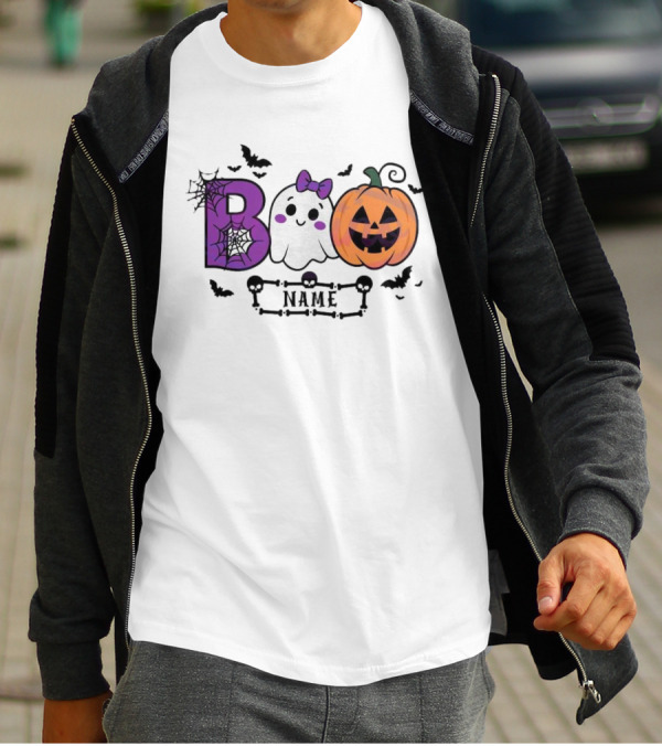 Boo Name Ghost Pumpkin Halloween Spiders Bats T-Shirt