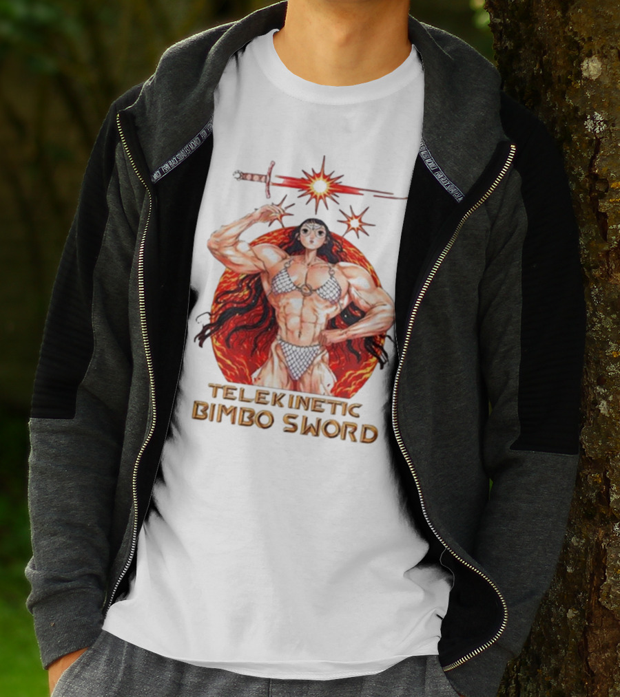 Rebecca Kirby Telekinetic Bimbo Sword Warrior With Fiery Background T-Shirt