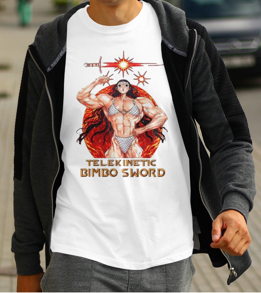 Rebecca Kirby Telekinetic Bimbo Sword Warrior With Fiery Background T-Shirt