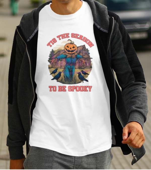Tis The Season To Be Spooky Pumpkin Head Scarecrow With Crows In Front Of Haunted House T-Shirt