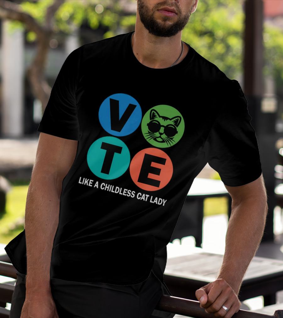 Vote Like A Childless Cat Lady Retro Circle Cat Face T-Shirt
