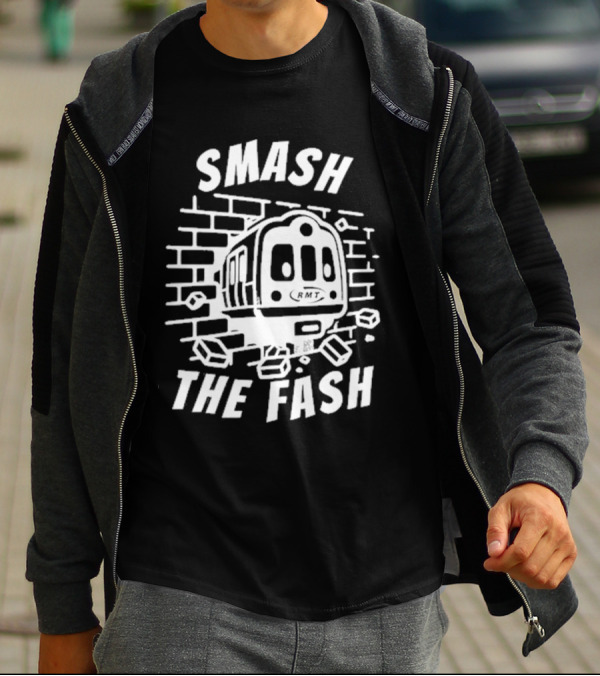 Manchester South RMT Smash The Fash Train Breaking Through Brick Wall T-Shirt