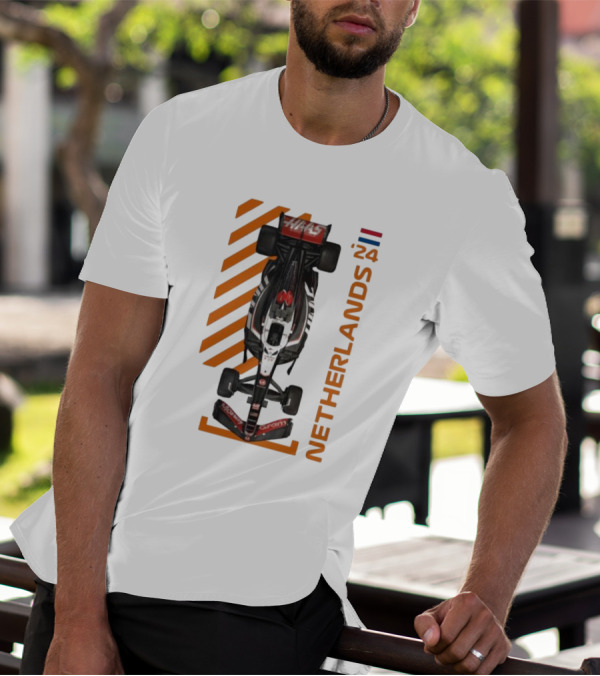 Haas F1 Racing Car Netherlands 24 Orange Stripes Racing Formula 1 T-Shirt