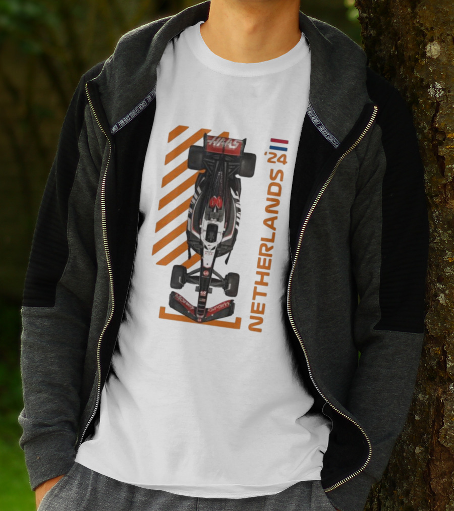 Haas F1 Racing Car Netherlands 24 Orange Stripes Racing Formula 1 T-Shirt