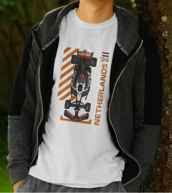 Haas F1 Racing Car Netherlands 24 Orange Stripes Racing Formula 1 T-Shirt