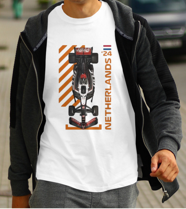 Haas F1 Racing Car Netherlands 24 Orange Stripes Racing Formula 1 T-Shirt