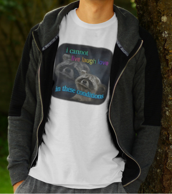 I Cannot Live Laugh Love In These Conditions Raccoon Duo Reality Check T-Shirt