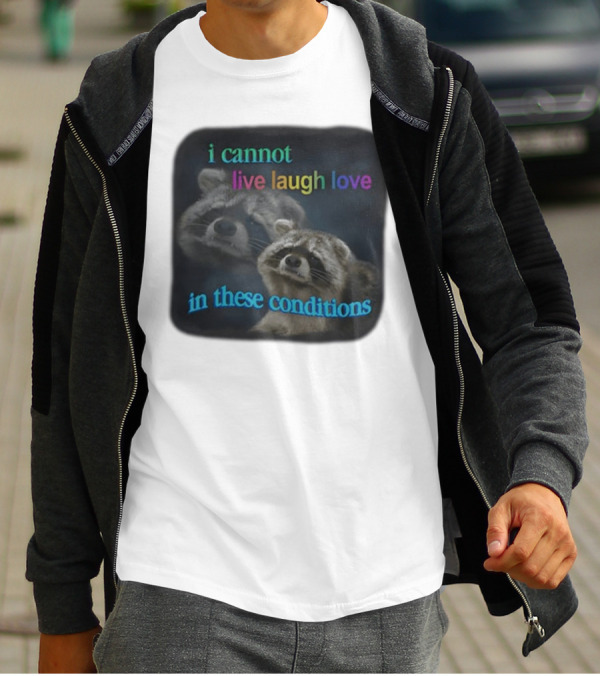 I Cannot Live Laugh Love In These Conditions Raccoon Duo Reality Check T-Shirt