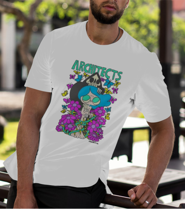 ARCHITECTS Butterfly Skull Skeleton Flowers Blue Hair T-Shirt