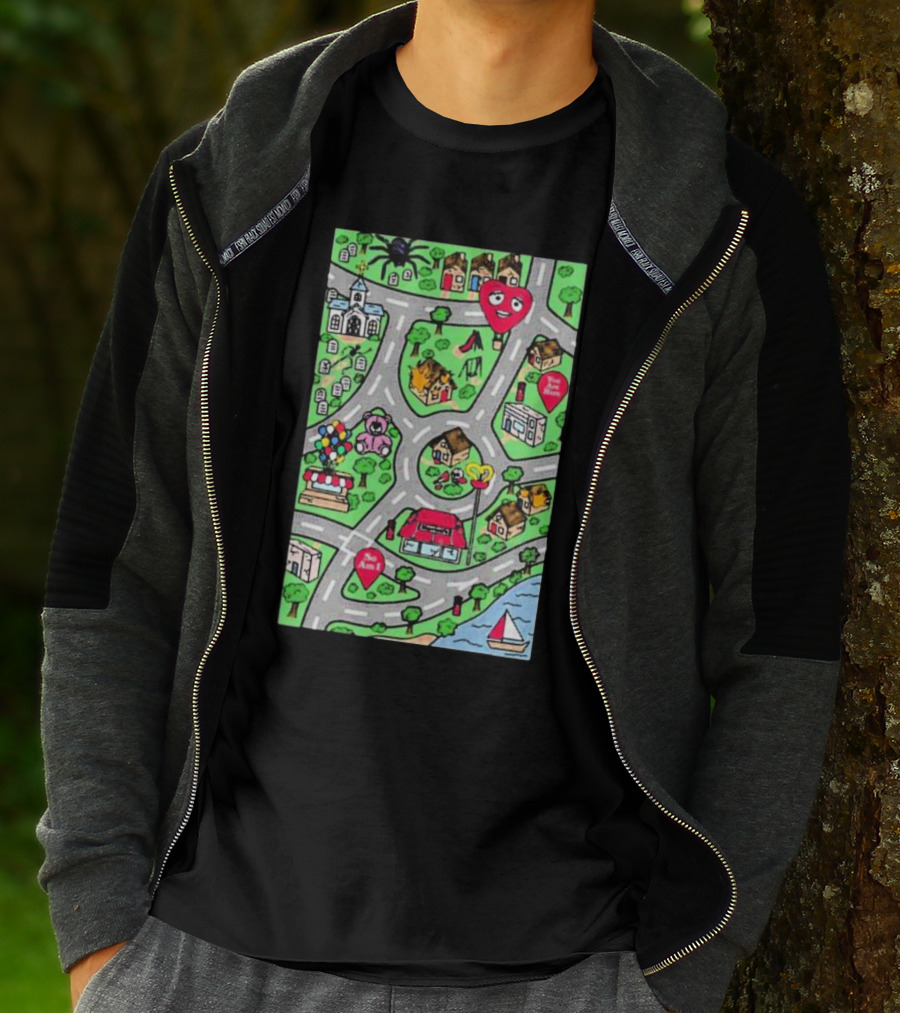 Are We There Yet Cute Cartoon Map With Smiling Landmarks And Colorful Scenery T-Shirt