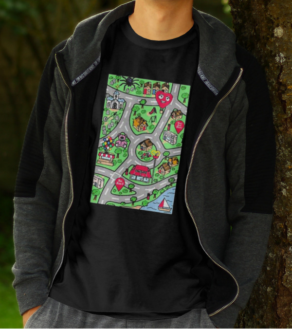 Are We There Yet Cute Cartoon Map With Smiling Landmarks And Colorful Scenery T-Shirt