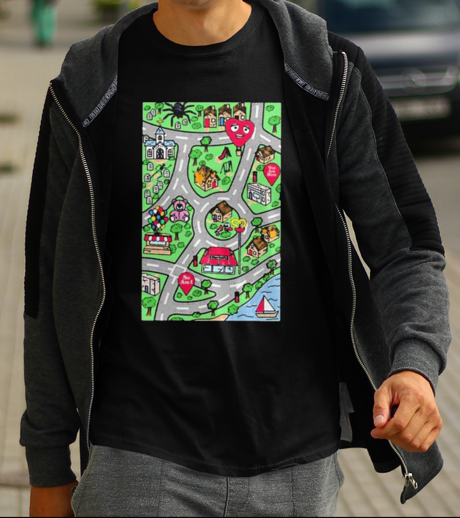 Are We There Yet Cute Cartoon Map With Smiling Landmarks And Colorful Scenery T-Shirt