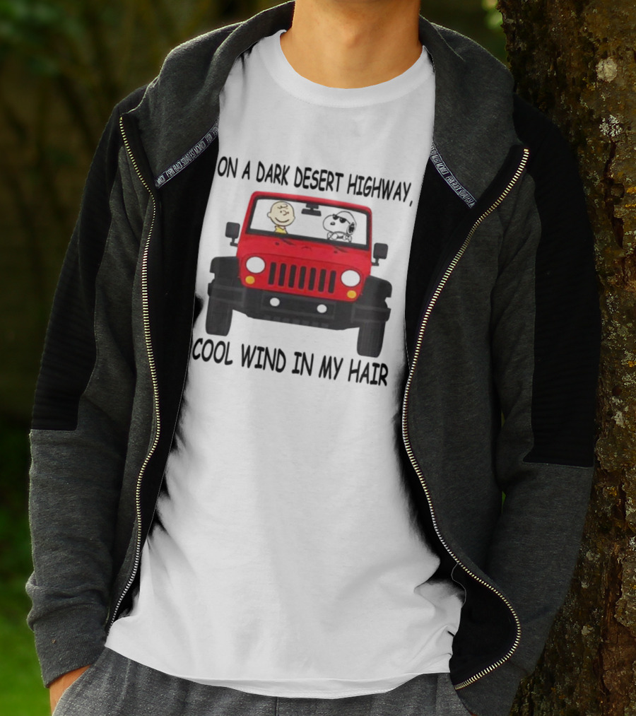 Snoopy On A Dark Desert Highway Cool Wind In My Hair Red Jeep Peanuts T-Shirt