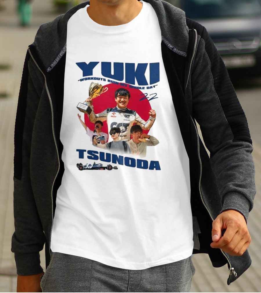 Yuki Tsunoda Victory Celebration With Racing Imagery And Text 'Run My Whole Day 22' T-Shirt