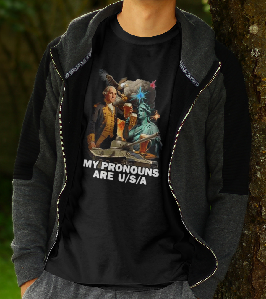 My Pronouns Are U/S/A George Washington Statue Of Liberty Bald Eagle Tank Explosion Beers T-Shirt