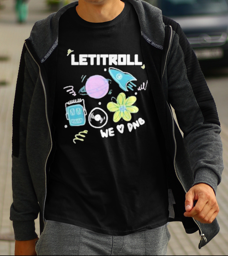 LETITROLL We Love DNB Planet Rocket Robot Flower T-Shirt
