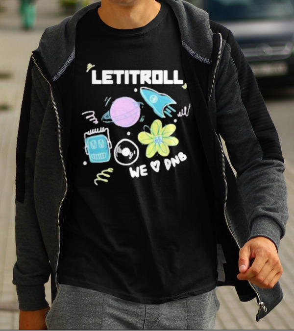 LETITROLL We Love DNB Planet Rocket Robot Flower T-Shirt