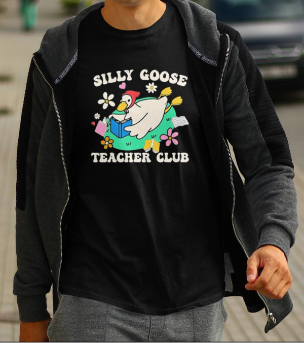 Silly Goose Teacher Club Reading Duck With Flowers And Open Books T-Shirt