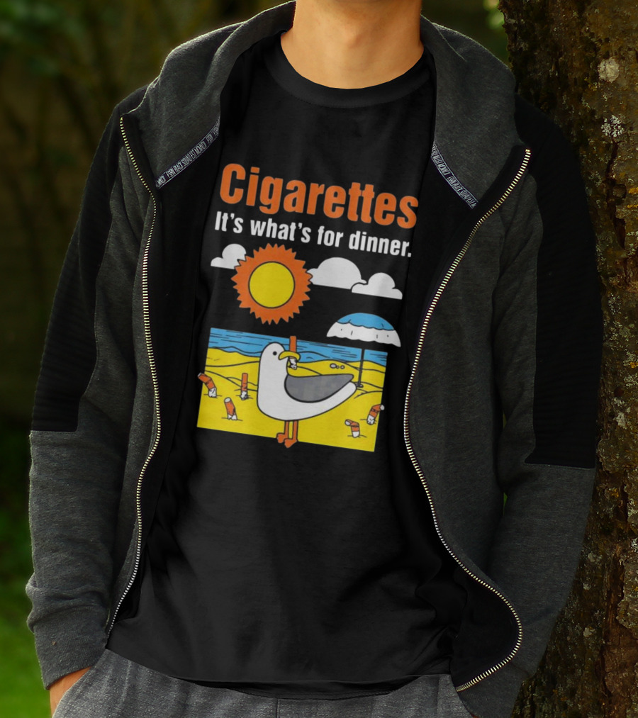 Cigarettes It's What's For Dinner Beach Seagull Cartoon With Sun And Umbrella T-Shirt