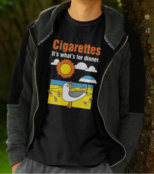 Cigarettes It's What's For Dinner Beach Seagull Cartoon With Sun And Umbrella T-Shirt