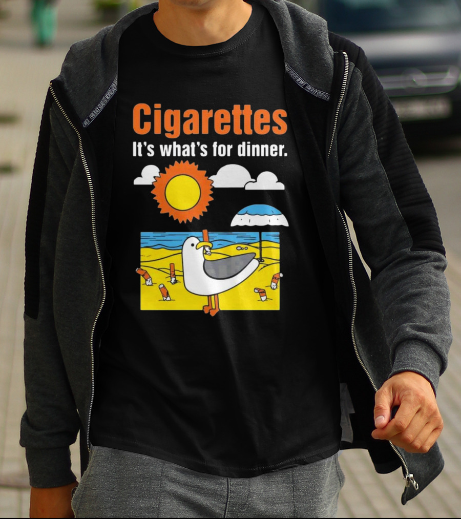 Cigarettes It's What's For Dinner Beach Seagull Cartoon With Sun And Umbrella T-Shirt