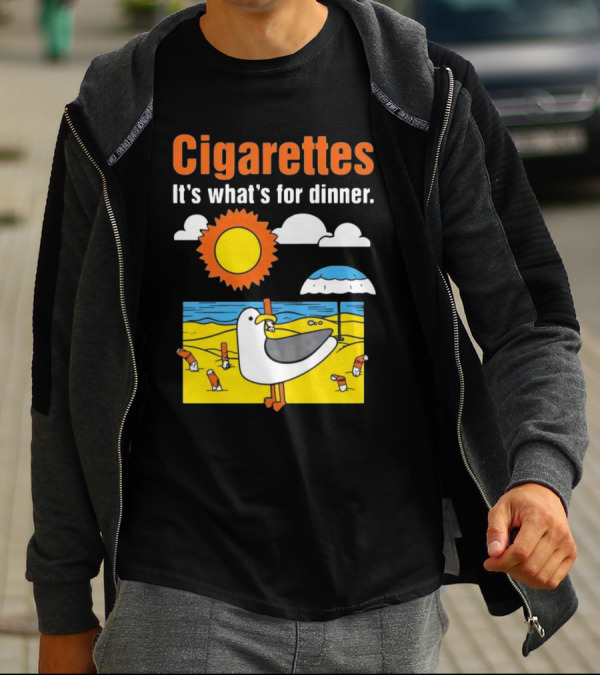 Cigarettes It's What's For Dinner Beach Seagull Cartoon With Sun And Umbrella T-Shirt