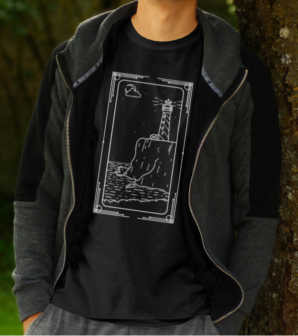 Coastal Lighthouse Cliff With Starry Sky And Waves T-Shirt