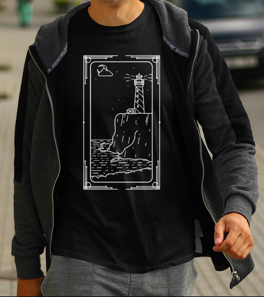 Coastal Lighthouse Cliff With Starry Sky And Waves T-Shirt
