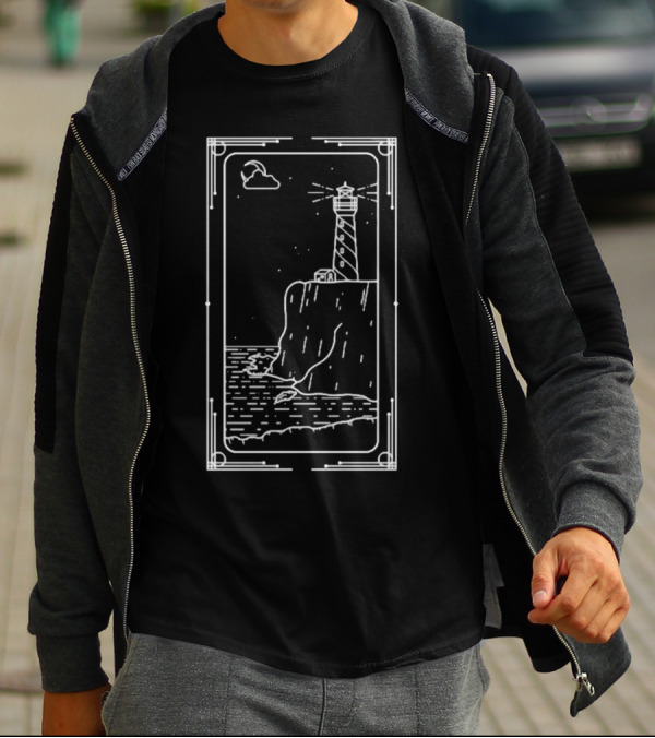 Coastal Lighthouse Cliff With Starry Sky And Waves T-Shirt