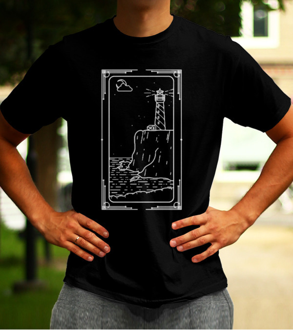 Coastal Lighthouse Cliff With Starry Sky And Waves T-Shirt